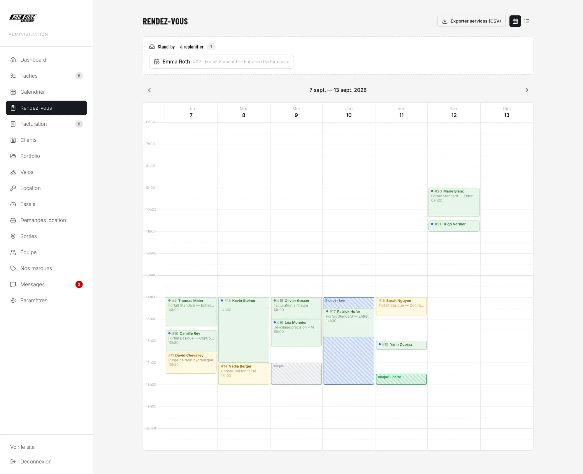 The week planner: one colour per mechanic, blocked slots hatched, parked jobs in the stand-by tray.