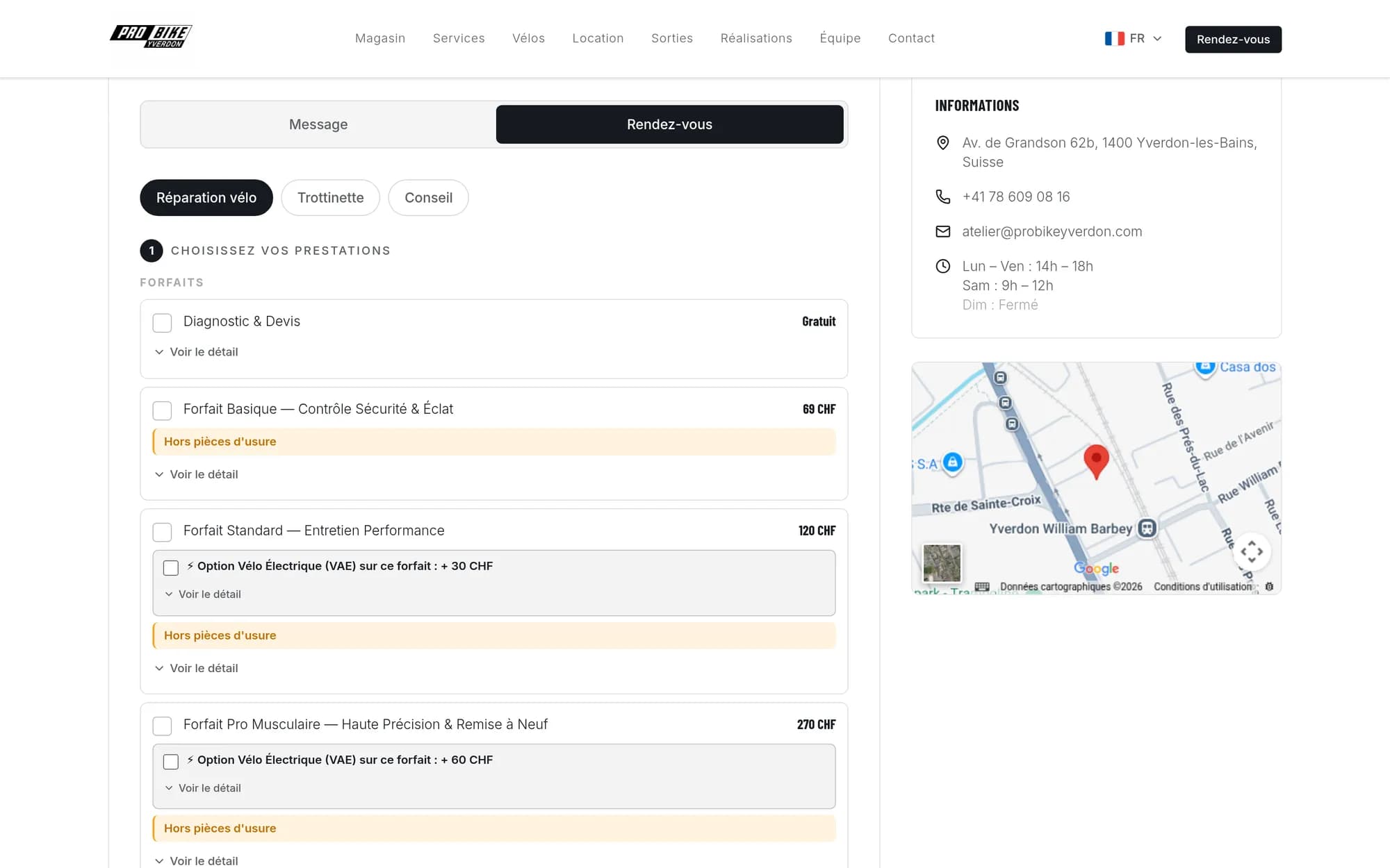 Booking — pick your services, see the real free slots, confirm. Price list stays in sync with the workshop.