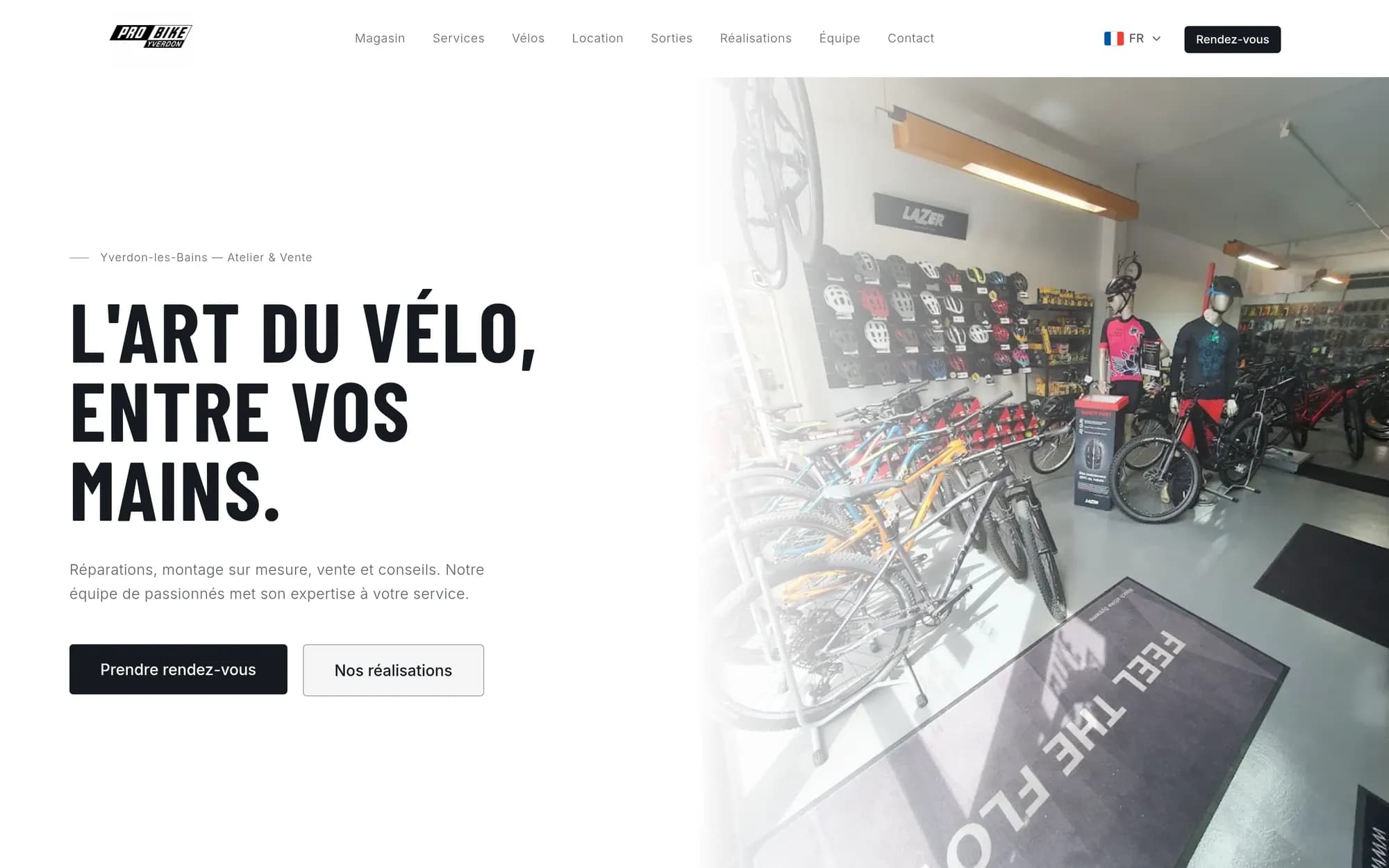 Homepage — services, featured bikes, rentals, next rides, all editable from the back-office.